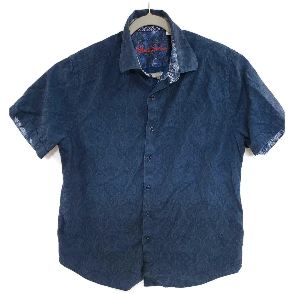 Robert Graham Shirt Mens Large Blue Classic‎ Fit Short Sleeve Paisley Cotton
